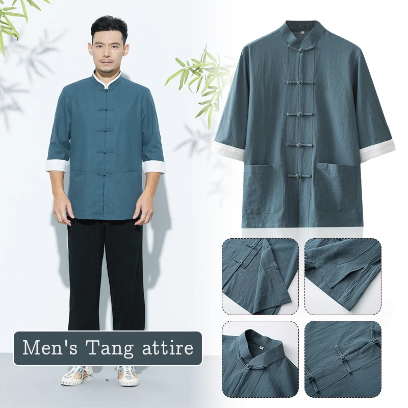 Traditional Chinese Tang Suit Tops Men Long Sleeve Kung Fu Tai Chi Uniform Spring Autumn Shirts Chinese Cardigan Coat Hanfu
