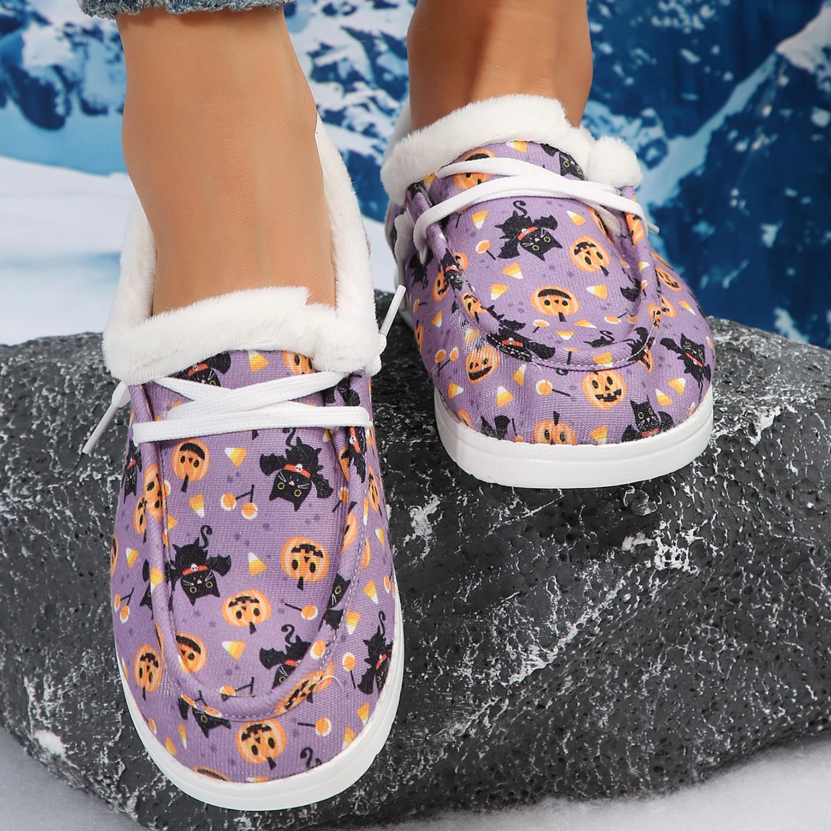 Halloween limited ladies fashion new pumpkin will fly cat print casual shoes plush shoes