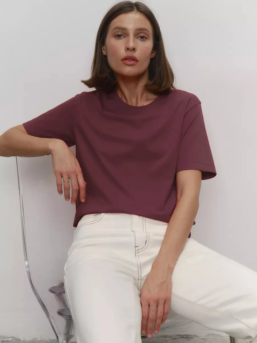 Bornladies Summer 100% Cotton Women's T-shirt Bottoming Basic Fashionable Lady Short Sleeve Loose Tops Shirts Solid 230g/㎡ Tops