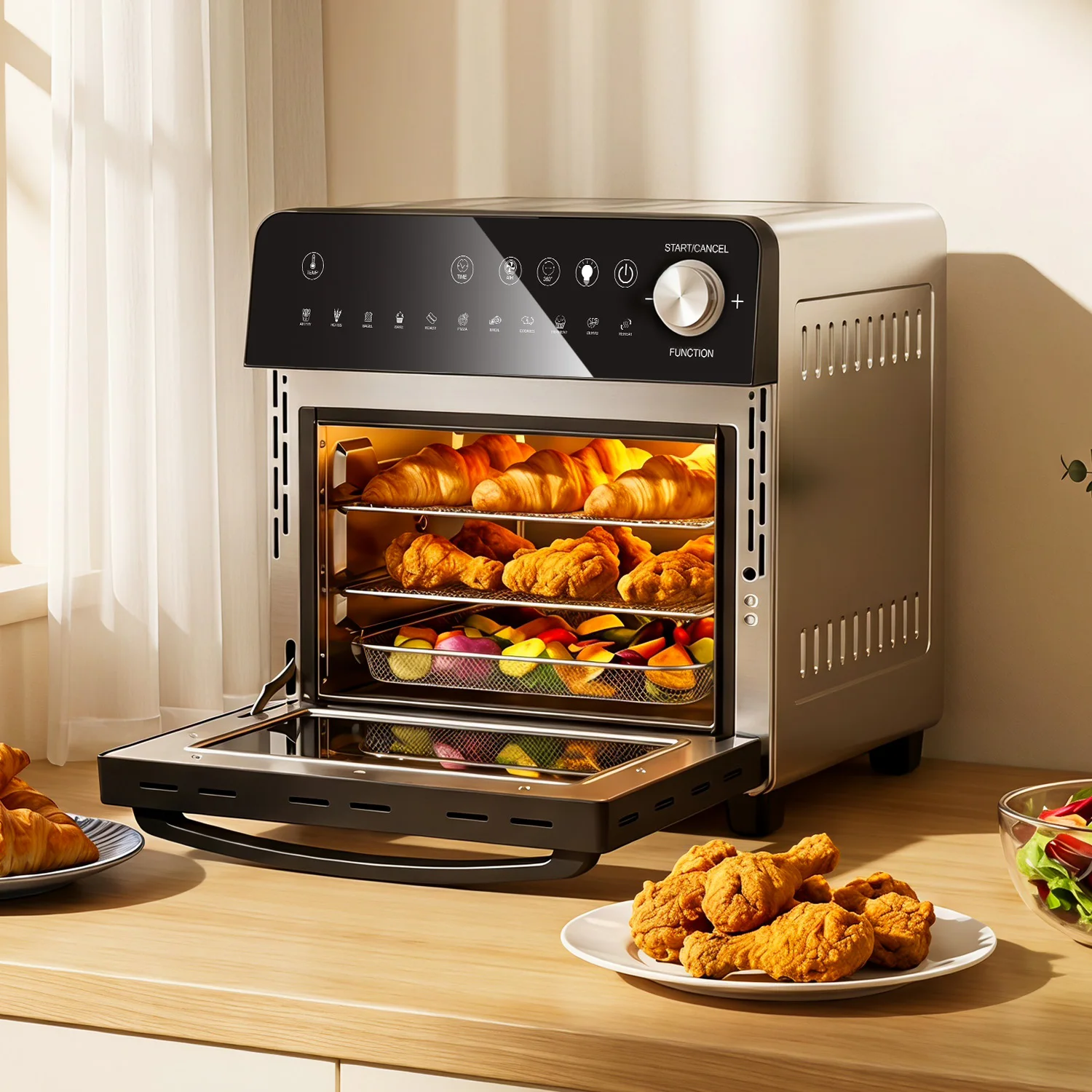 Mini-Ofen, Pizzaofen, Heißluftfritteuse, 14L, freistehender Ofen, 1800W, Fritteuse, 11 Funktionen, Touch- und Drehknopfsteuerung, Timer, Küchenbackgerät, Haushaltsgeräte