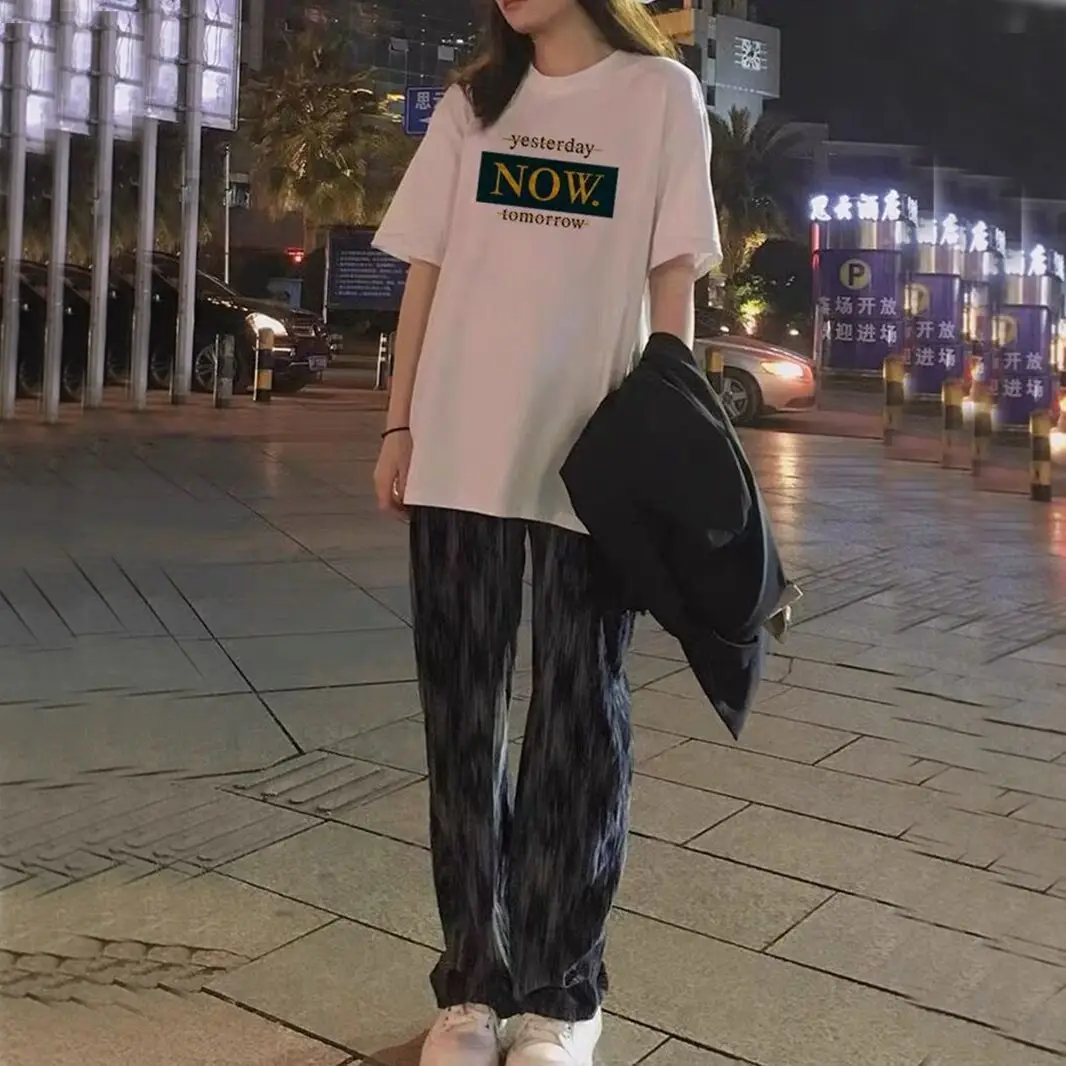 

Женский студенческий костюм, Новинка лета 2023, свободная футболка с коротким рукавом и широкие брюки с высокой талией, повседневный костюм из двух предметов, Y2K