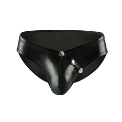 Men's Sexy Faux Leather Briefs with Buckle Detail - XXL (Black)