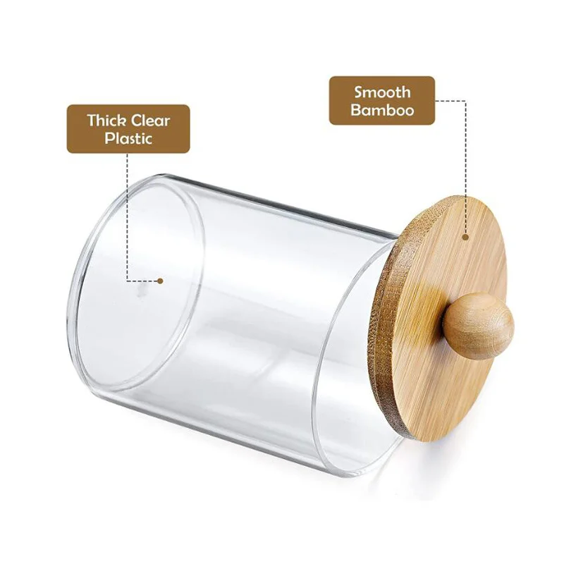 Qtip Holder Dispenser with Bamboo Lid 10 oz Clear Plastic Apothecary Jar Containers for Vanity Makeup Organizer Storage Bathroom 5