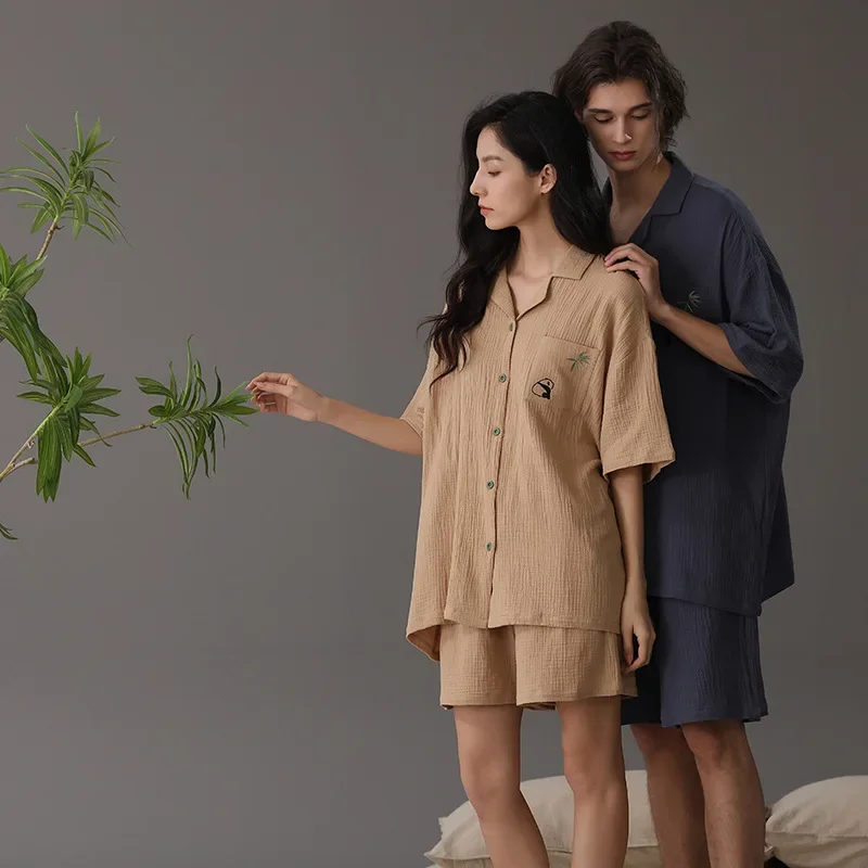 

Пижамный комплект двухслойный, одежда для сна из чистого хлопка, мягкая удобная домашняя одежда для пар, кардиган с короткими рукавами, весна-лето