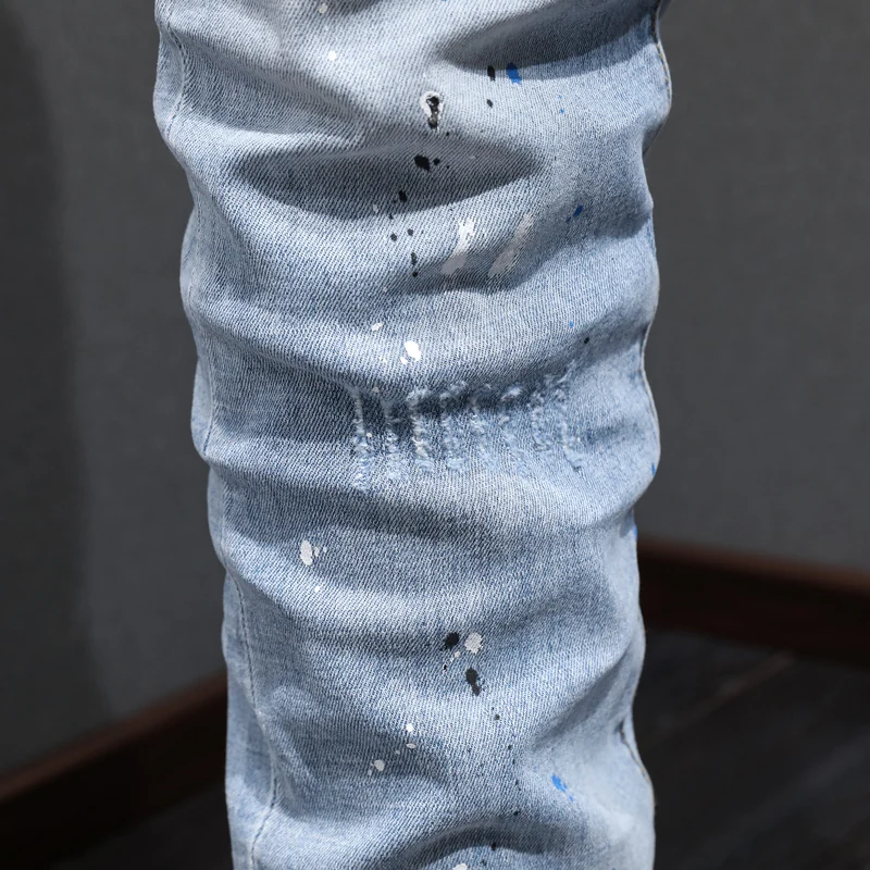 Street Fashion Men Jeans Retro Light Blue Slim Fit Elastic Hole Ripped Jeans Men Stretch Trousers Painted Designer Hip Hop Pants