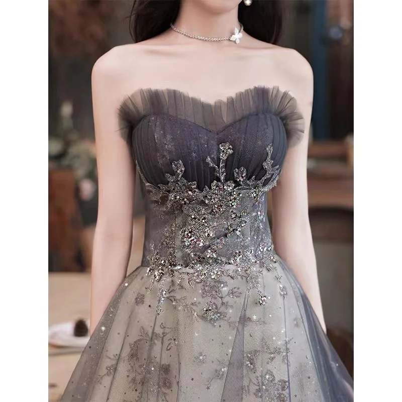 

Evening Dresses Elegant A-Line Tube Top Sequined Applique Shining Tulle Female Host Celebrity Birthday Party Maid Of Honor Gowns