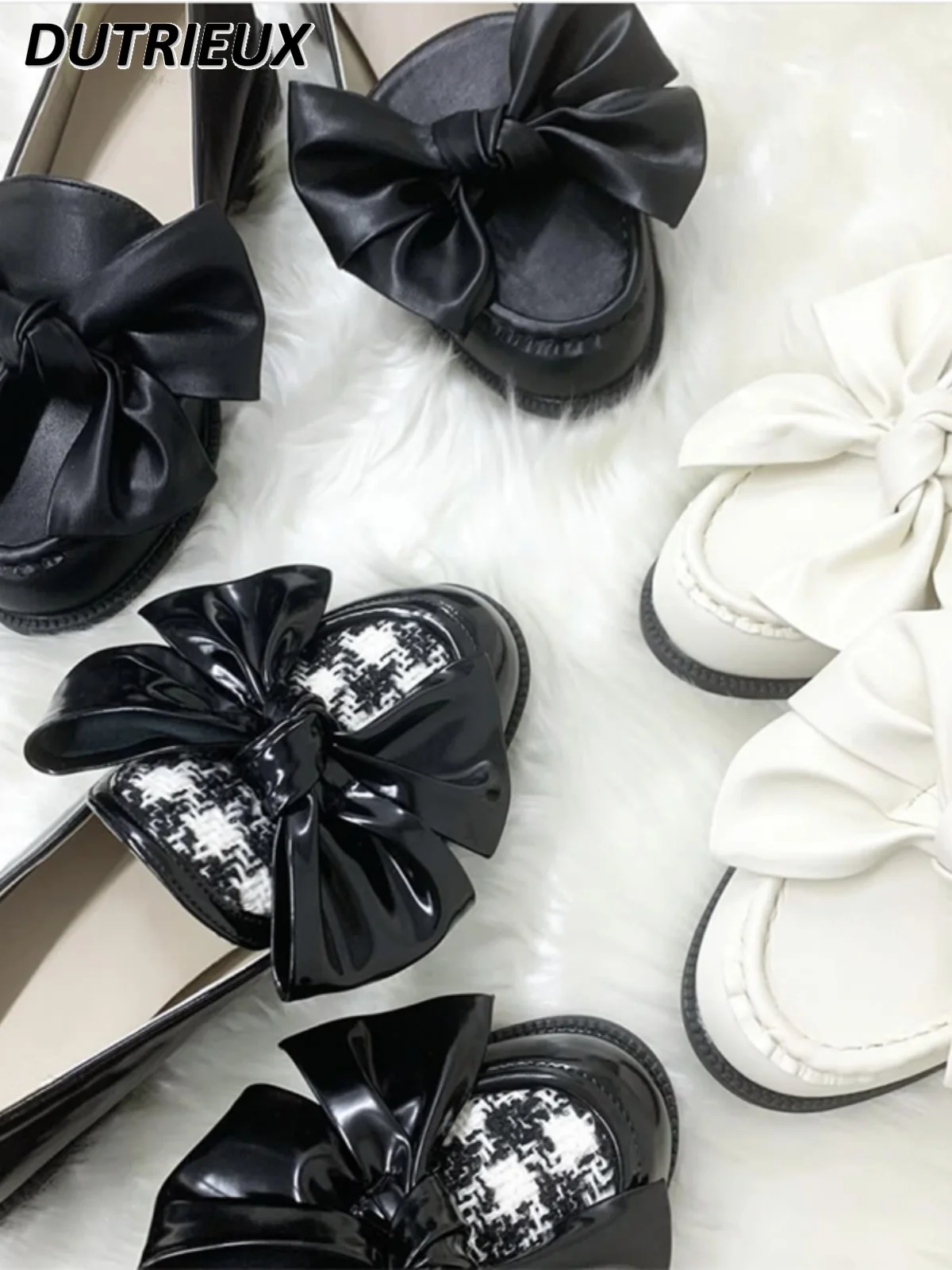

Japanese Style Spring Autumn 2024 New Bow Sweet Cute Women's Pumps Retro Round Toe Low Heel Loafers Leather Shoes for Ladies