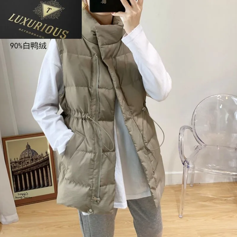 

2023 autumn and winter stand-up collar waist white duck down fashion trend slimming mid-length zipper sleeveless