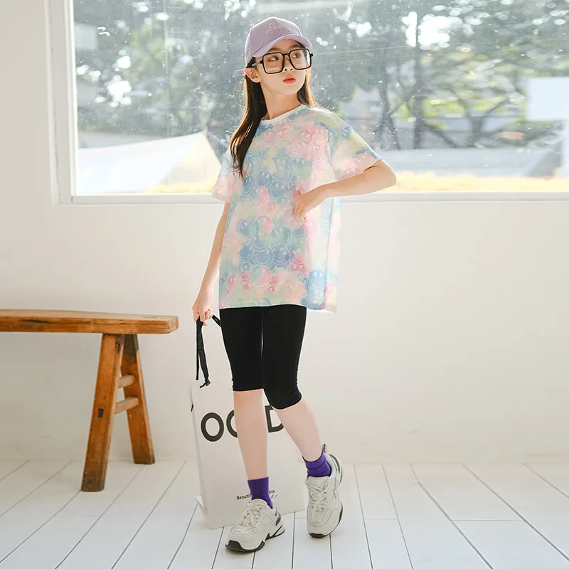 

Summer Children Girl Clothing Set Elementary Girl Smlie Face Bandhnu Loose T-shirt+Black Leggings Shorts Students Clothes Sets