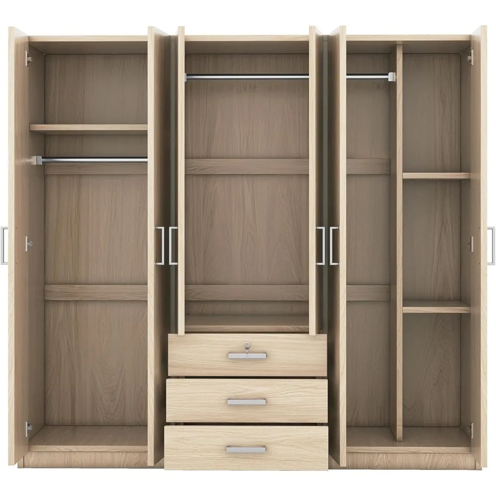 Large Wardrobe Closet 6 Doors, 70.9" W Wooden Wardrobe Cabinet with Big Drawers, Bedroom Armoire Dresser Wardrobe Clothes Organi 6