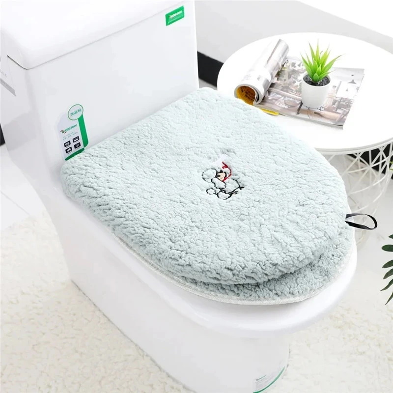2 PCS Winter Universal Lamb Velvet Toilet Pad Household Toilet Ring Cover With Handle Simple Solid Color Bathroom Sit Mat