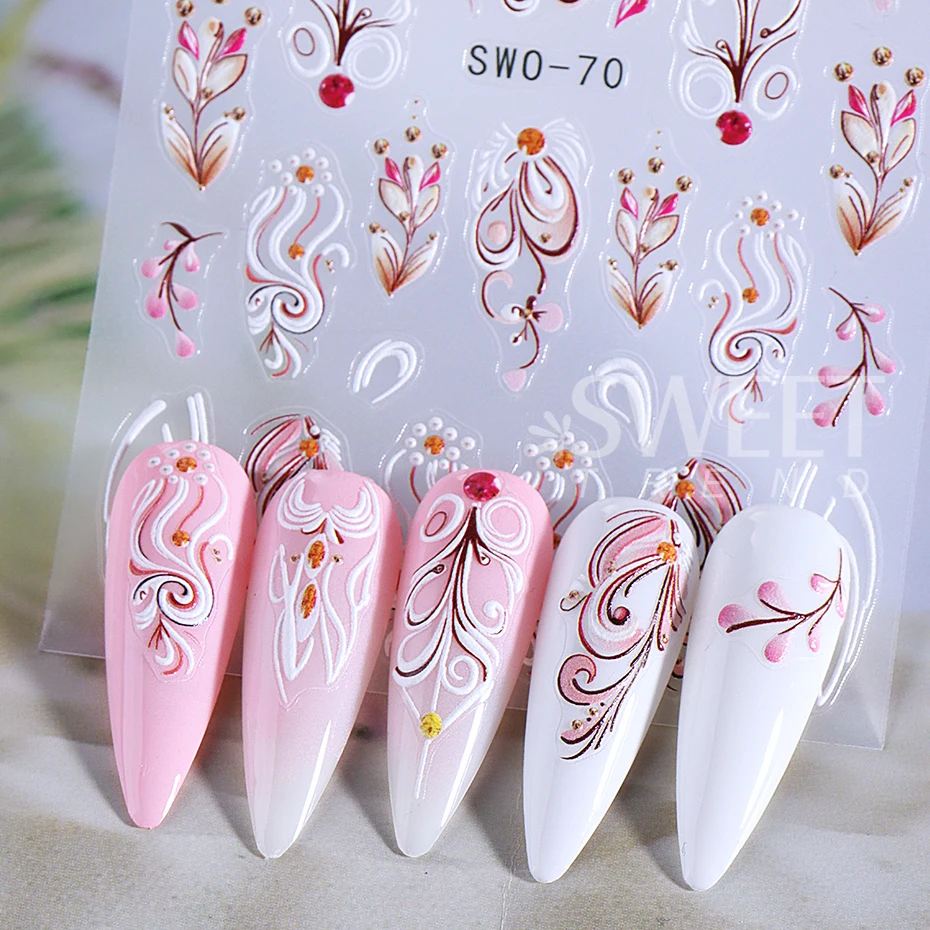 3D Lace Nail Sticker Black White Flower Floral Leaves French Line Manicure Design DIY Bohemian Gel Polish Slider Nail Decoration