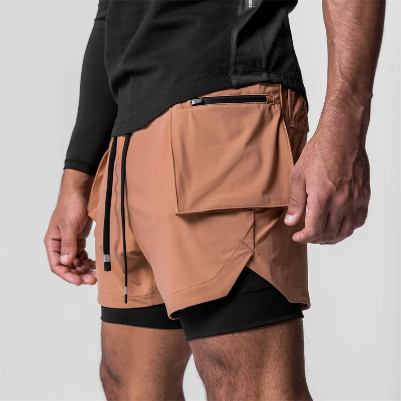 New fashion fitness design anti-slip double-layer 2 in 1 men's shorts multi-pocket zipper running exercise pants