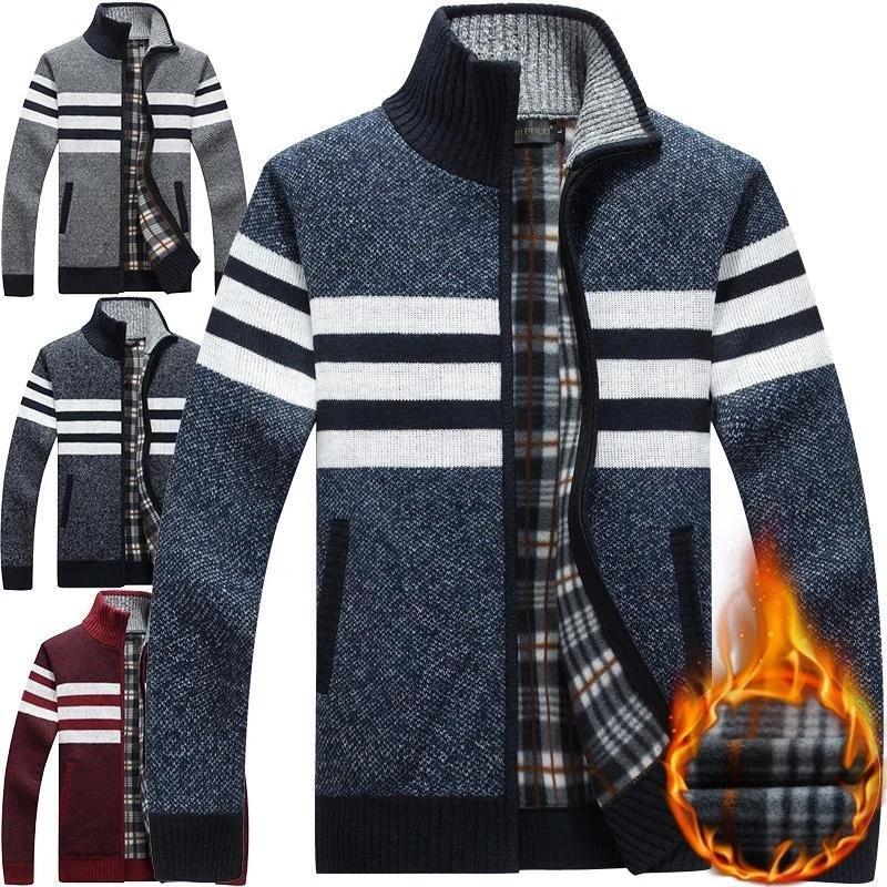 

Knitted Fleece Sweater Men Striped Cardigans Coats Winter Thick Warm Wool Jacket Sweatercoat Stand Collar Knitwear Male Clothing