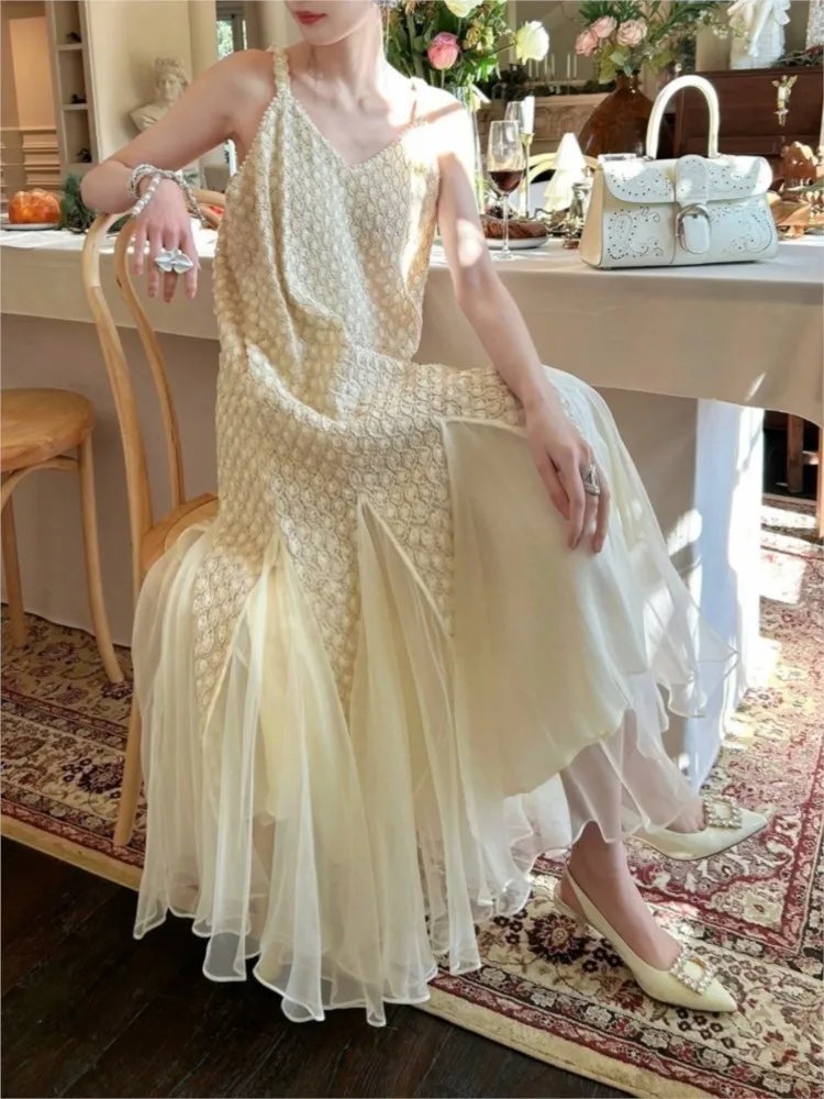 

Birthday Dress Classic Style Apricot Niche Stitching Mesh Long Suspender Skirt Women's Spring