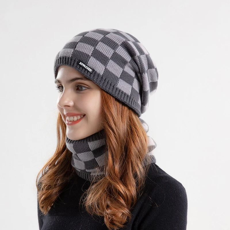 

High Quality Winter Keep Warm Scarf Hat Set Velvet Lining Thicken Knitted Hat Scarf Set For Women Windproof Lattice Neckerchief