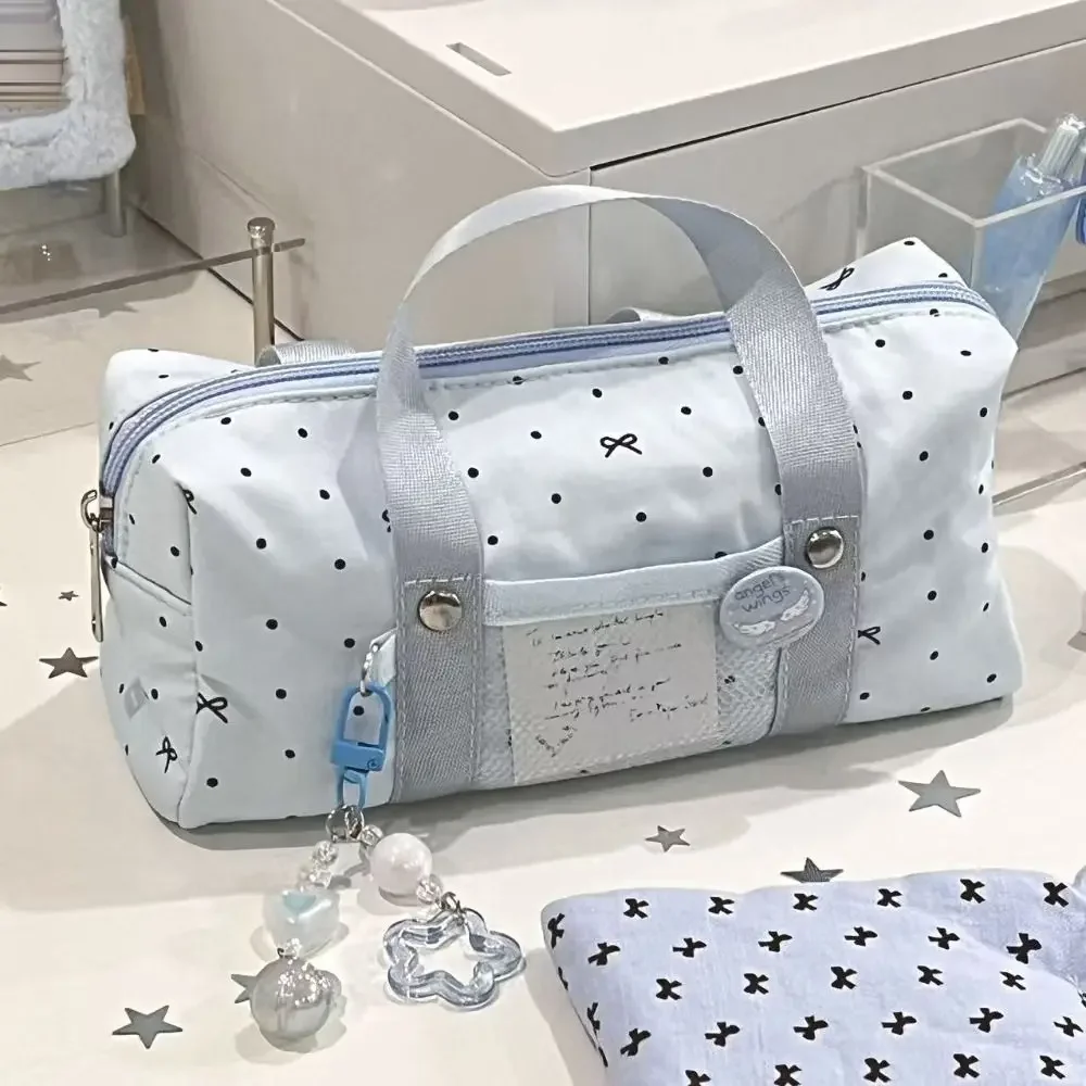 휴대용 블루 폴카 도트 연필 케이스 다기능 활 패턴 문구 가방 대용량 문구 파우치 학생 선물