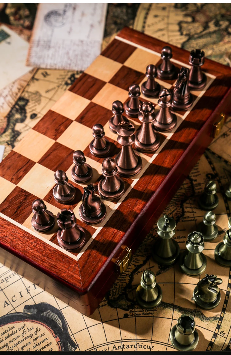 Description Picture 3 of itemHigh-End International Chess Set with Wooden Folding Board Metal Pieces Gift Box Retro European Ornament for Entertainment
