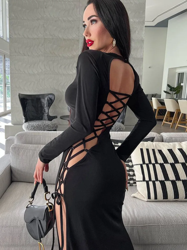 

Articat Autumn Fashion Long Sleeve Dress Women's Hollow Out Fit 2023 New Diagonal Lace Up Long Dress Party Club Evening Dress