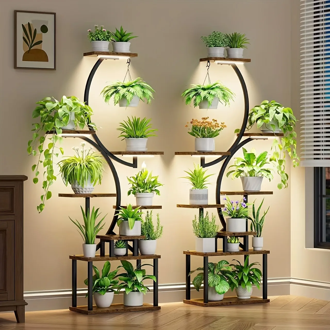 Metal Plant Rack Premium 8-Tier Adjustable Indoor Stand with Grow Lights & Wooden Shelves