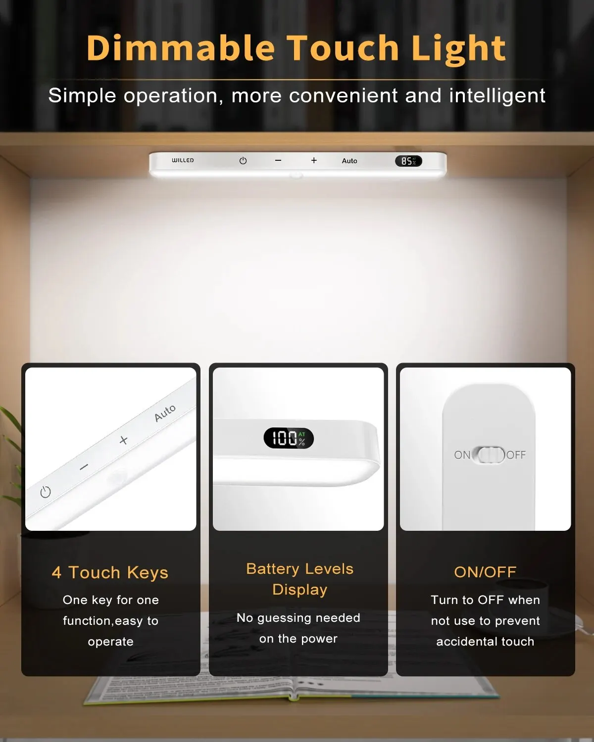 WILLED Motion Sensor Cabinet Light Battery Display 60 LED Touch Light Bar Wireless Rechargeable Battery Night Light 2