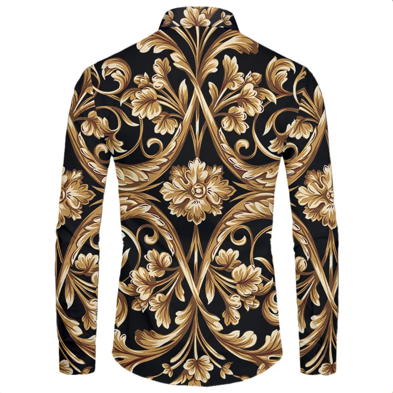 thumbnail image 1 of Camisas de manga corta con botones y estampado 3D de lujo de alta gama con patrón dorado para hombres, blusas de estilo callejero de moda, atuendos de hip hop, 1 of 5