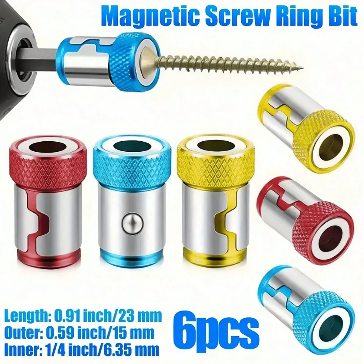 6-teiliges Universelles Rutschfestes Schraubendreher-Bit-Set mit Magnetringen aus Legierung in Blau, Gelb und Rot für Stahl mit Magnetischer Adsorption und Fixiertem Bithalter