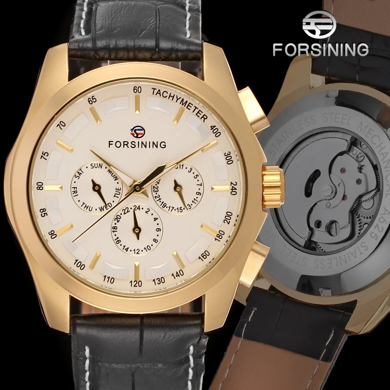 Original Automatic Men Gold Watch Mechanical Waterproof Luminous Multifunctional Male Leather Wrist Watches