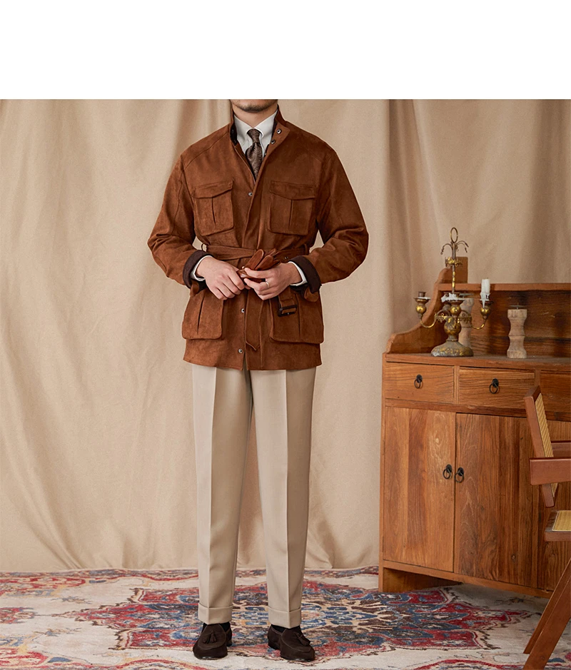 Gentry High-Style Wildleder-Jagdjacke, Gürtel, mehrere Taschen, warme, schmal geschnittene Freizeitjacke für Herren – Detail 28