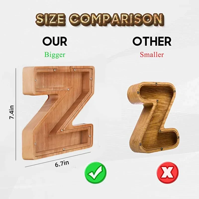 Wooden Coin Money Saving Box Jar Twenty-six Letter Piggy Bank Coins Storage Box Desktop Ornament Home Decor Crafts Xmas Gift 4