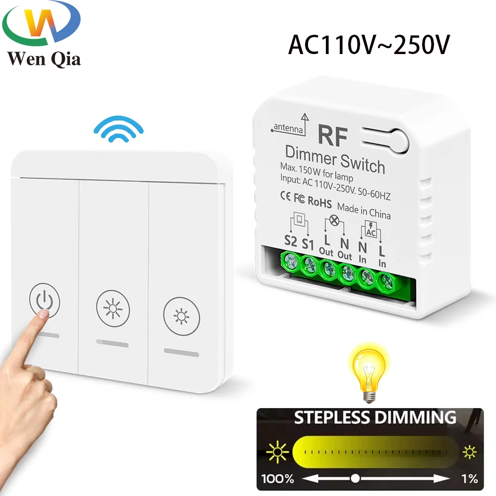 สวิตช์ไฟหรี่ไฟไร้สายพร้อมรีโมทคอนโทรล AC110V 220V หรี่แสงได้สวิตช์ควบคุมสําหรับ LED และ Halogen10W-150W (ไม่มี Wifi) 1