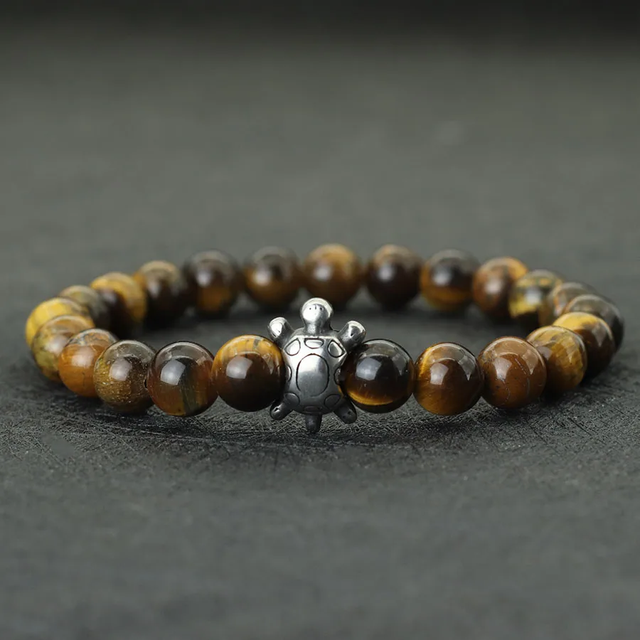 Natural Stone Beaded Stainless Steel Turtle Bracelet for Men