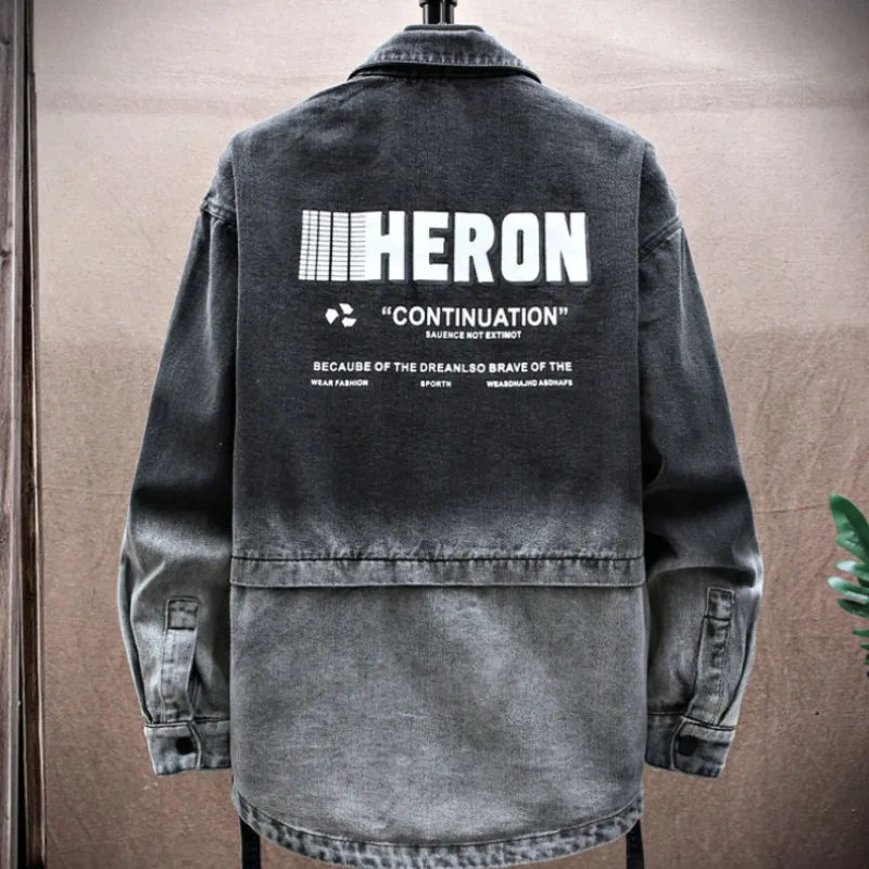 2023 New Men Spring Autumn High-end Denim Jacket Short Loose Printing Overcoat Relaxation Fashion Turn-down Collar Outwear
