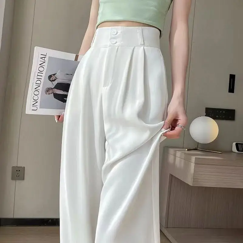 Women's Summer Thin Solid Color Fashionable Patchwork High-waisted Loose Button Pockets Ruched Formal Straight Casual Suit Pants