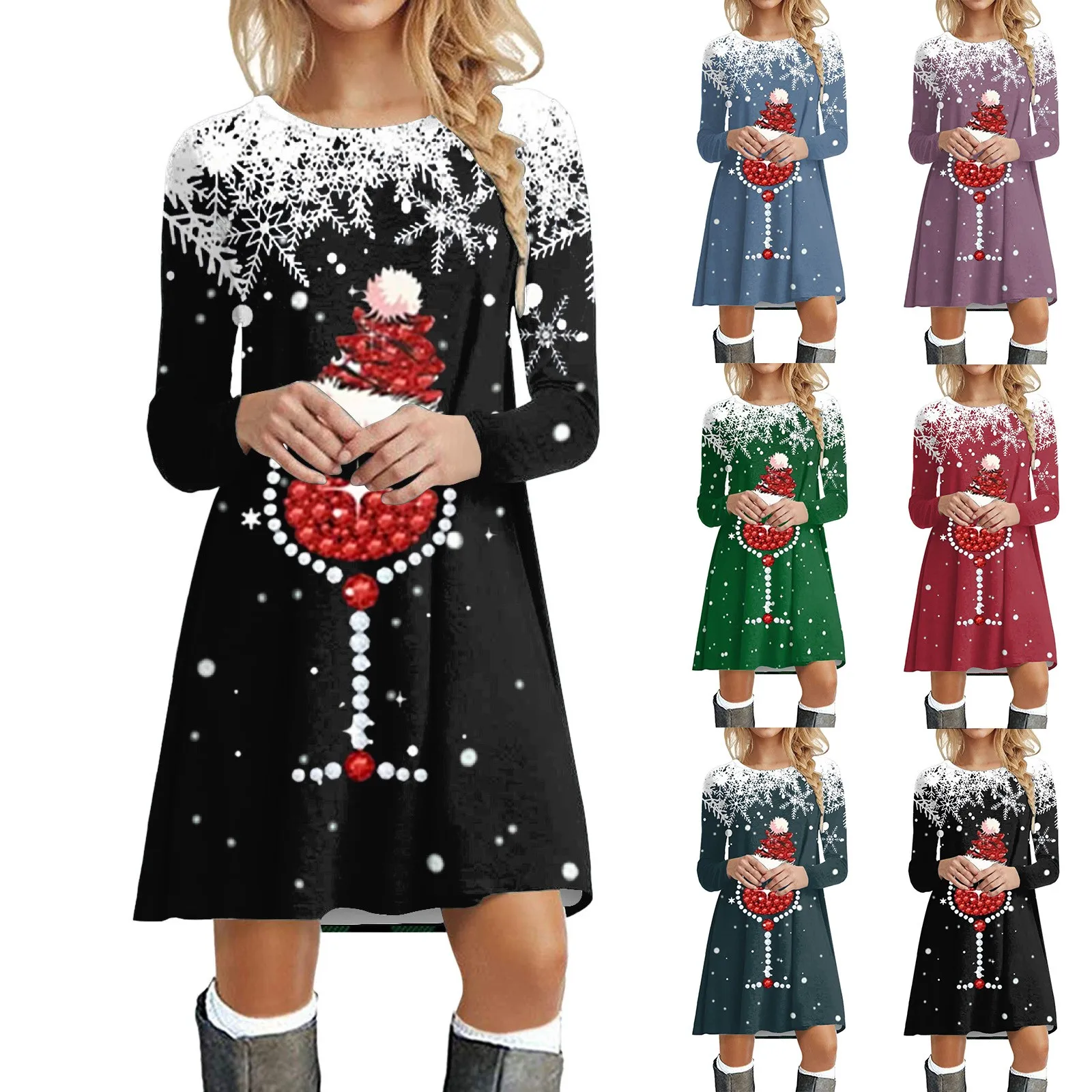

Women Autumn And Winter Casual Fashion Print Round Neck Long Sleeve Tunic Dress Robe Femme Office Ladies