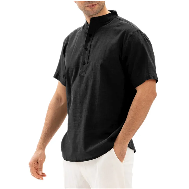 Description Picture 3 of itemSummer New Men Shirt Solid Color Stand Collar Buttons Loose Tops Youth Casual Short Sleeve Pullover Shirts Comfortable Thin Tees