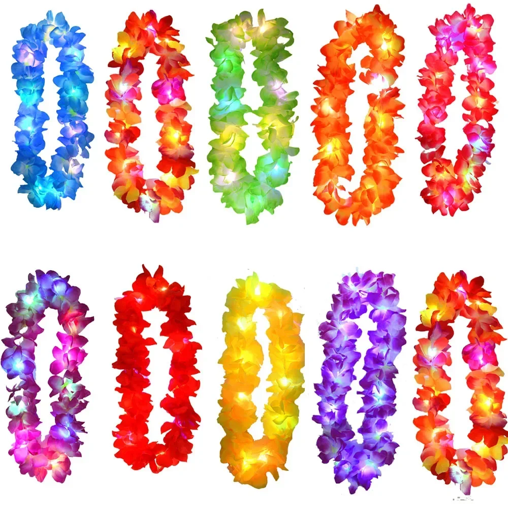 Women Girl Hawaii Light Up Flower Lei Necklace Hula Garland Wreath Wedding Hawaiian Costume Tropical Luau Glow Party Supplies glow flower lei necklace