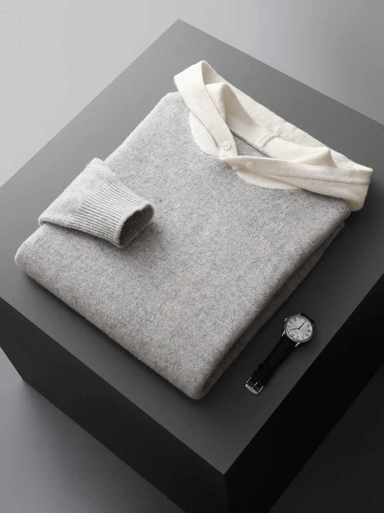 ADDONEE Men Hooded Pullover Cashmere Sweater Autumn Winter 100% Merino Wool Knitwear Smart Casual Sweater Korean Fashion Tops 4