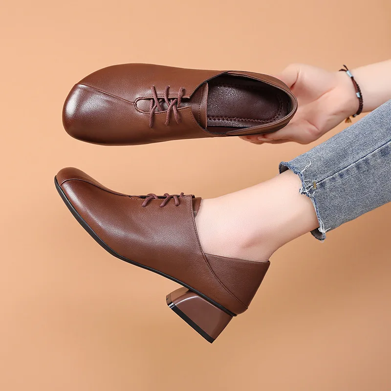

2022 Spring New Pumps Women Shoes Autumn Retro Genuine Leather Round Toe Lace-Up Handmade large size Leisure Ladies Shoes