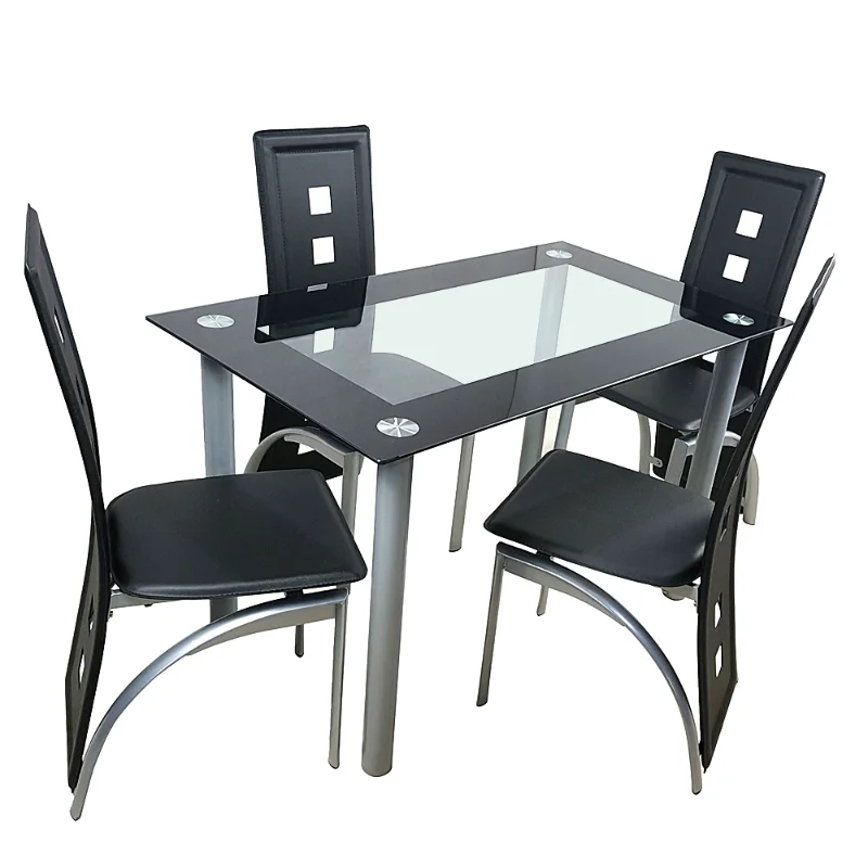 

110cm Dining Table Set Tempered Glass Dining Table with 4pcs Chairs Transparent & Black Dining Table Dining Chair