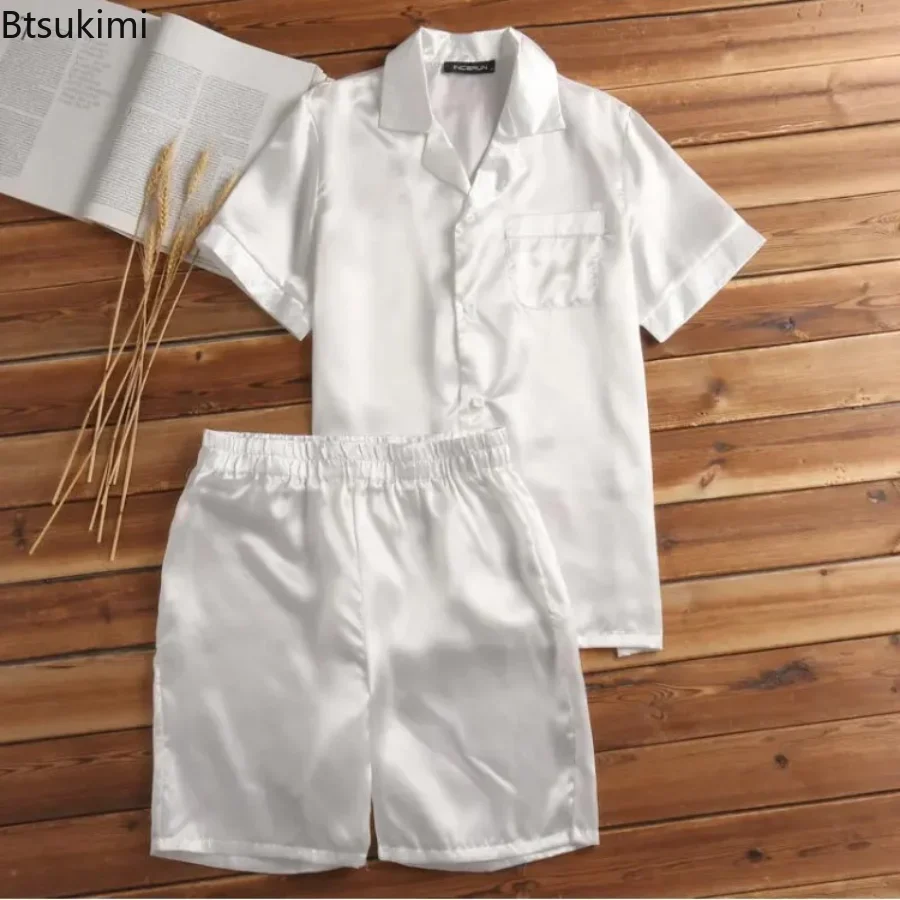 2024 Men's Summer 2Pcs Pajamas Suits Sets Satin Silk Short Sleeve Sleepwear Nightwear Homewear Tops+pants Male Silk Pajamas