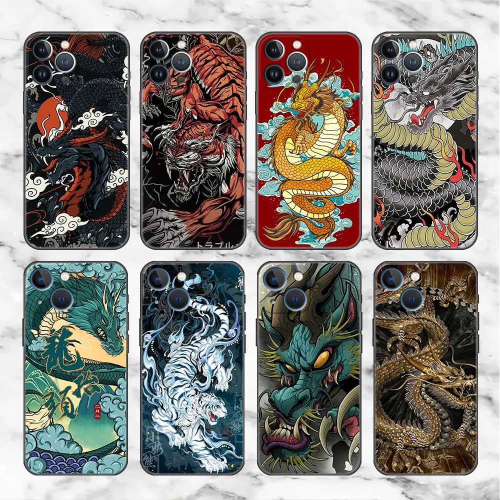 Custodia Per Apple Iphone 14 11 13 7 12 Pro 7 Xr Xs Max 8 Plus 6 14Pro Black Soft Phone Coque Funda Animal Dragon