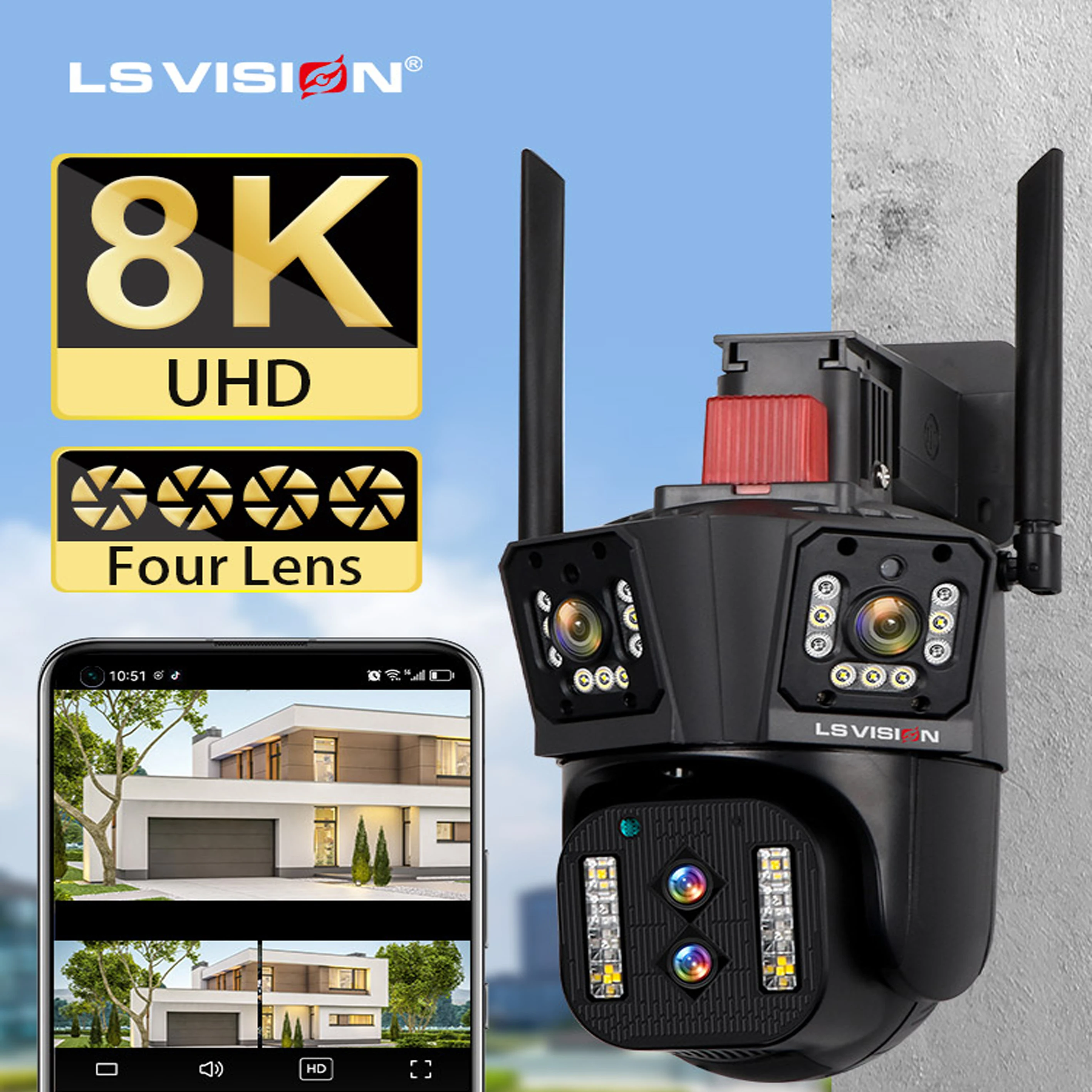 

IP-камера LS VISION 8K 4x4 МП уличная 6K Wi-Fi PTZ с тремя объективами и 10-кратным оптическим зумом, автоматическое отслеживание, 2-полосная аудио камера видеонаблюдения