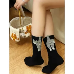 Kawaii Cartoon Cat Print Knitted Cotton Socks - Cute Lolita Style Cozy Sleepwear - One Size (Black)