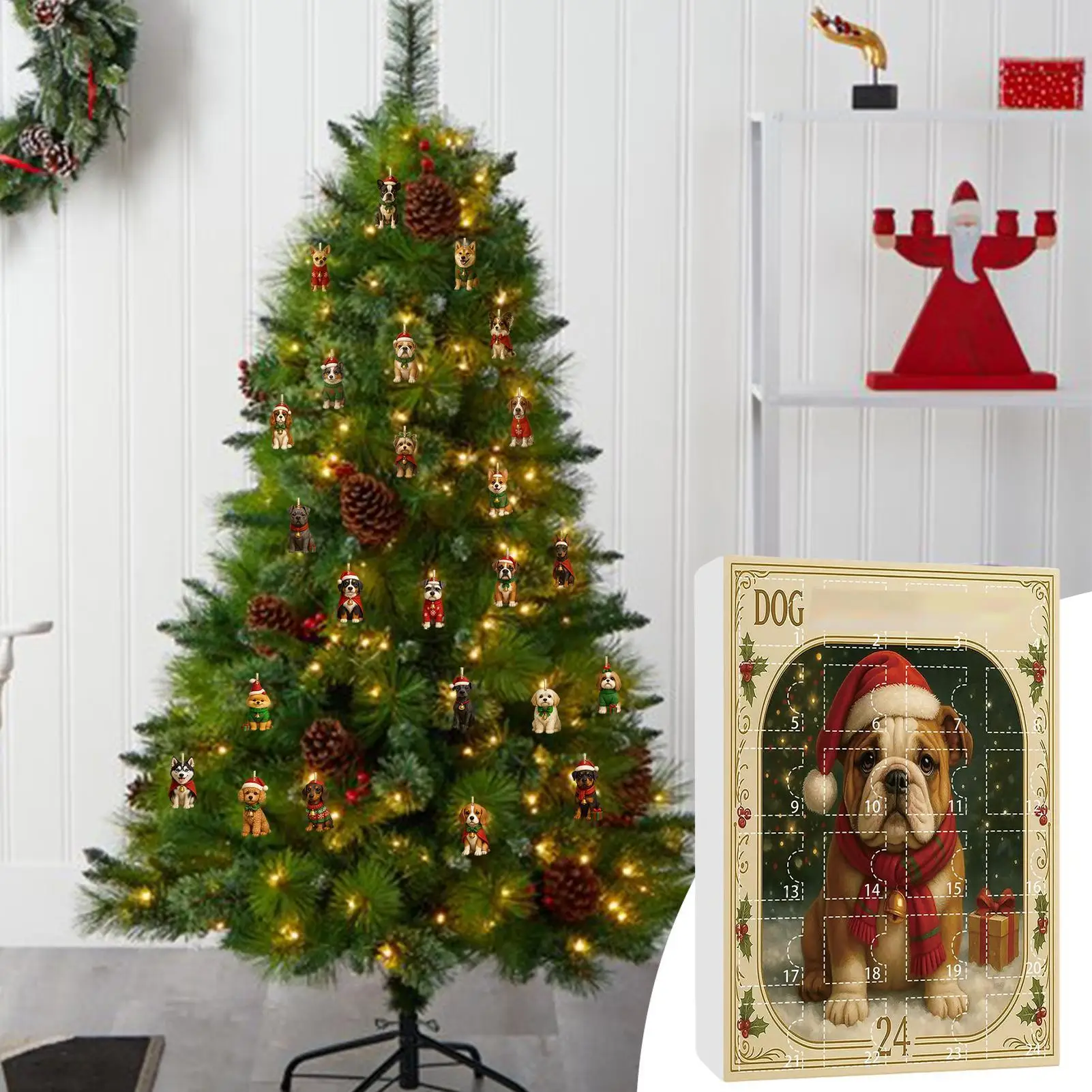 Dog Advent 24 Days 2D Acrylic Dog Charm Countdown Calendar Christmas Animal Pendant Xmas Party Decor Xmas Gifts for Dog Lover