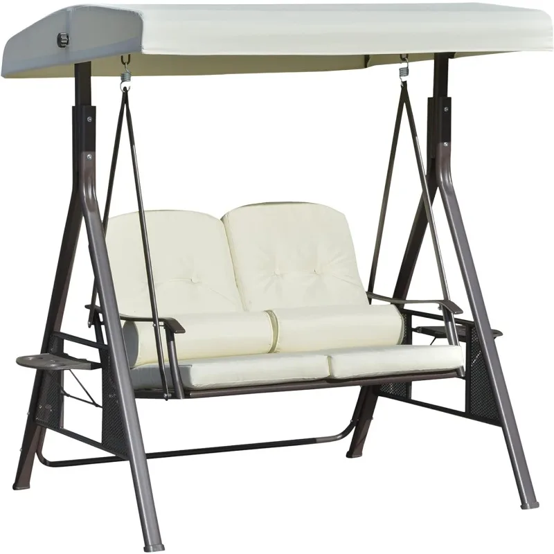 

2-Person Patio Swing Bench with Adjustable Shade Canopy, Soft Cushions, Throw Pillows and Tray.