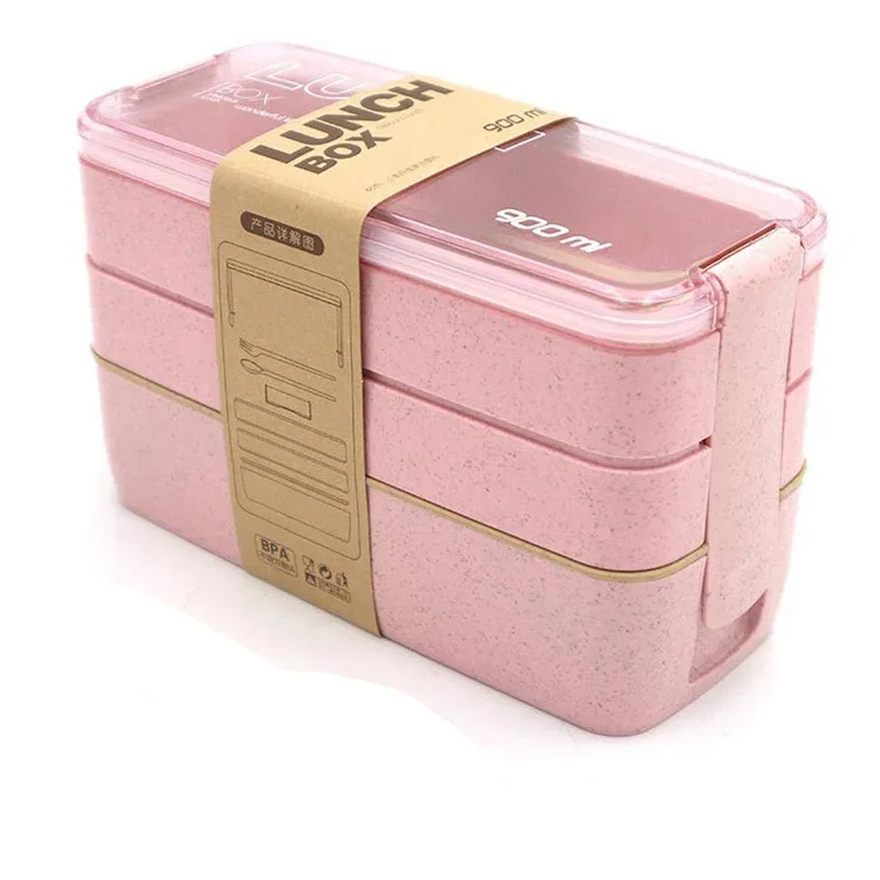 900ml Healthy Material Lunch Box 3 Layer Wheat Straw Bento Boxes Microwave Dinnerware Food Storage Container Lunchbox