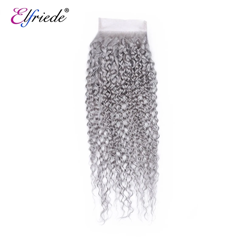 Elfriede Grey Kinky Curly Precolored Hair Bundles with Closure Brazilian Remy Human Hair Weaves 3 Bundles with Lace Closure 4x4