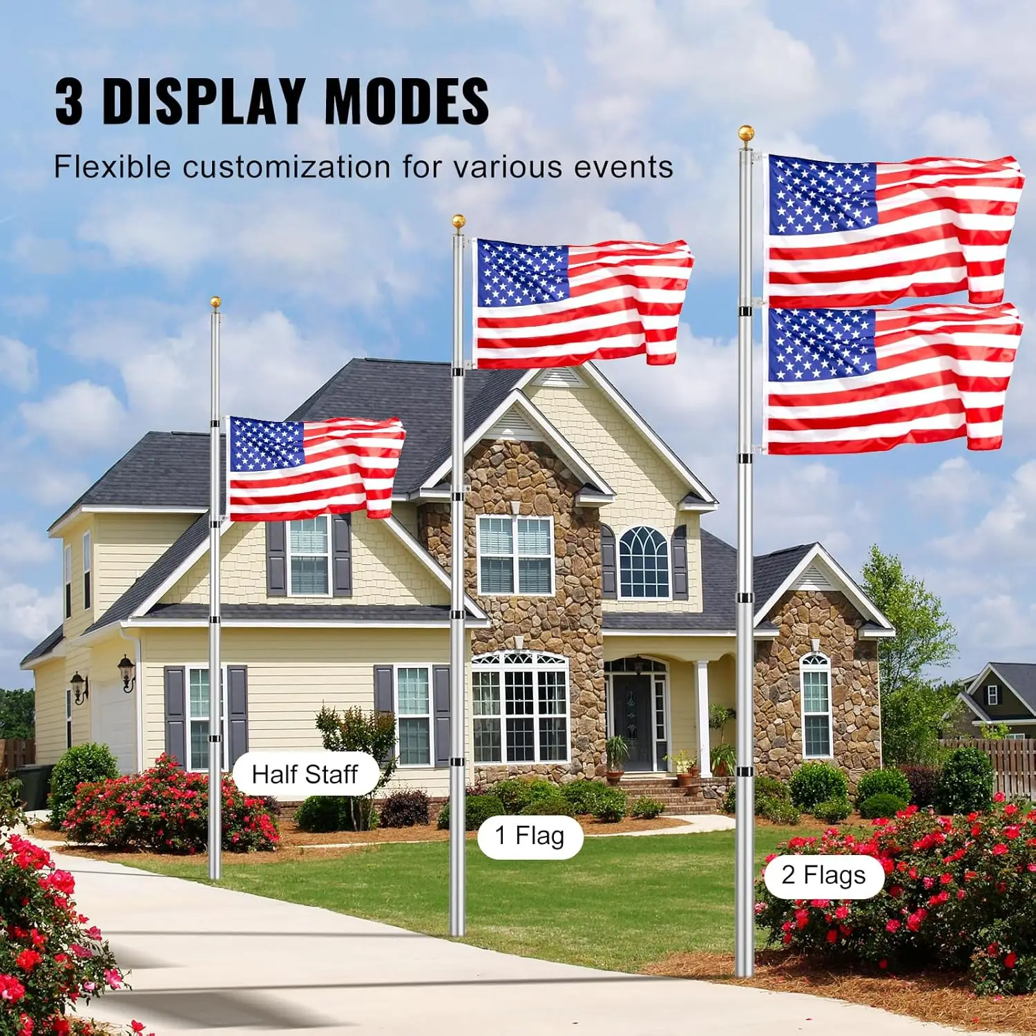 20FT Telescoping Flag Pole Kit, Heavy Duty Aluminum Alloy in Ground Flag Poles for Outside, 3 Display Modes Flagpole with 3x5