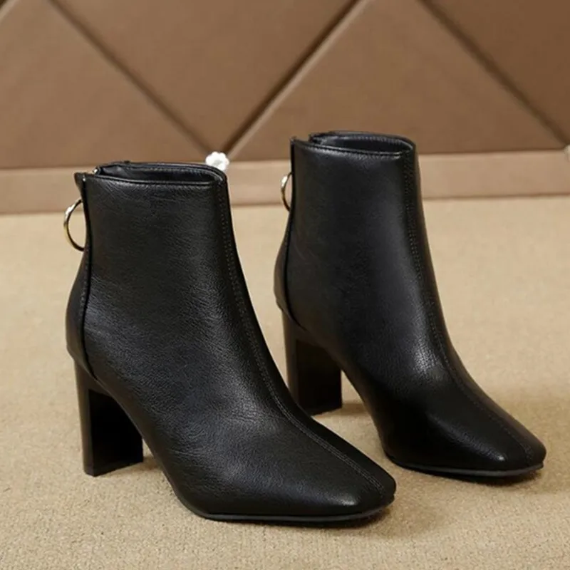 Autumn Winter Women's Fashion Short Boots Solid Color Square Toe High Heels Solid Color Boots Simple Casual High Heel Shoes